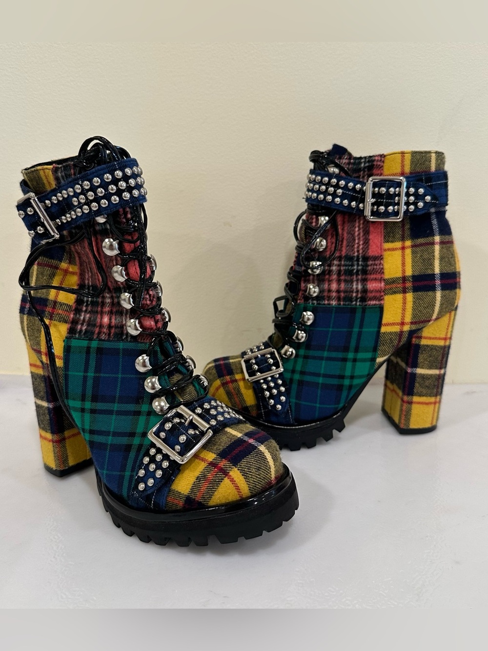 Jeffrey Campbell Punk Studded Fabric Plaid Patent Chunky Platform Booties Size 6